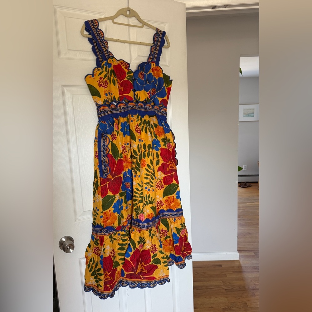 FARM Rio Vibrant Floral Scalloped Midi Dress